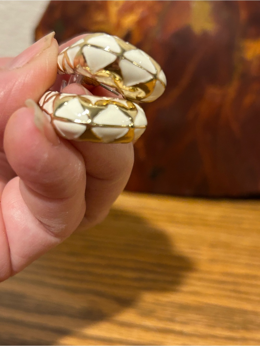 White and Gold Hoop Earrings - Elegant Women's Jewelry - Picture 5 of 8
